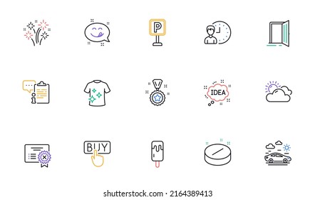 Car travel, Open door and Working hours line icons for website, printing. Collection of Medical tablet, Parking, Clean t-shirt icons. Yummy smile, Reject certificate. Vector