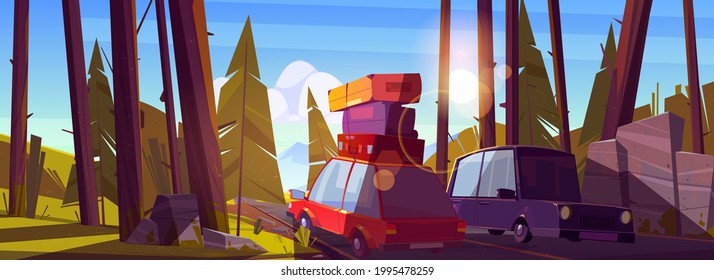 Car travel, road trip by automobile at summer vacation, auto with bags on roof drive forest highway with trees at day time. Family camping, holidays leisure, nature journey cartoon vector illustration