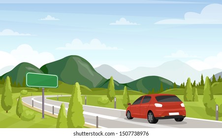 Autofahrt, Straßenfahrt flach Vektorgrafik. Minivan auf der Autobahn und leere, leere Verkehrszeichen. Landschaft, schöne Landschaft. Sommerurlaub, Urlaubserlebnis. Personenbeförderung.