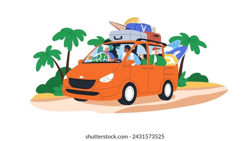 Car travel, road trip on summer vacation. People driving van, caravan in holiday adventure. Friends surfers with luggage, way to sea resort. Flat vector illustration isolated on white background