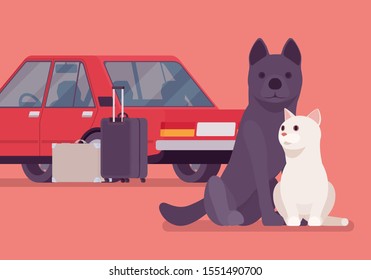 Car travel, road trip with pet cat and dog. Cute puppy and kitten fear auto riding, owners moving on vacation, leaving lonely pets behind or in boarding kennel. Vector flat style cartoon illustration