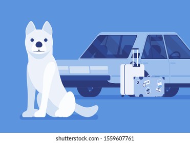 Car travel, road trip with pet dog. Cute puppy fears auto riding, owners moving and leaving lonely pet behind or in boarding kennel, going on vacation together. Vector illustration
