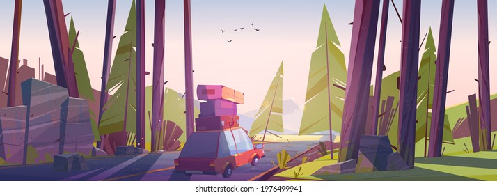 Car travel, road trip at summer vacation, holidays journey on automobile with bags on roof going at countryside speedway with forest trees at early morning. Family camping, cartoon vector illustration