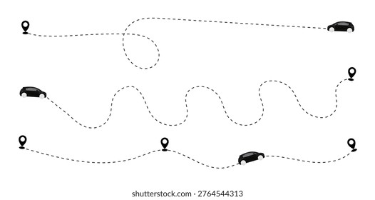 Car travel route car travel path icon. A car path in the form of a dotted line with a map pin icon Pro Vector. Vector Illustration