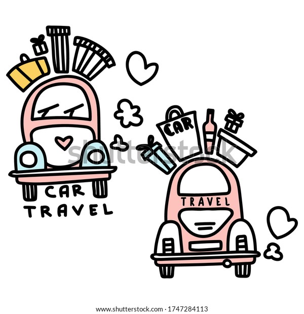 Car Travel. Summer Adventure. Traveling
by car. Summer travel illustration with retro hand drawn car.
Vector image, clipart, editable
details.