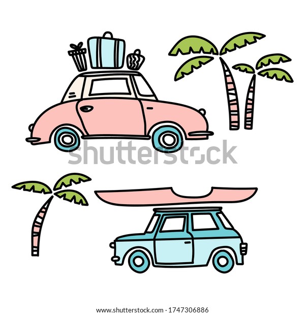 Car Travel. Summer Adventure. Traveling\
by car. Summer travel illustration with retro hand drawn car.\
Vector image, clipart, editable\
details.