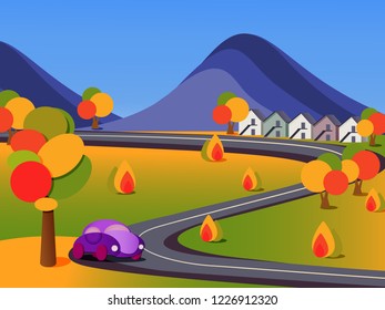 Car travel in thorp at autumn season. Autumn nature for the background of the site.