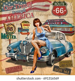 Car travel through America vintage poster.