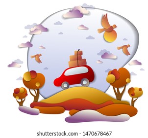 Car travel and tourism in autumn, red minivan with luggage riding off road in orange fall meadows among trees, birds and clouds in the sky, paper cut vector illustration of auto in scenic landscape.