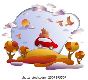 Car travel and tourism in autumn, red minivan with luggage riding off road in orange fall meadows among trees, birds and clouds in the sky, paper cut vector illustration of auto in scenic landscape.