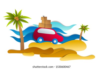 Car travel and tourism, red minivan with luggage riding sea shore with waves, paper cut vector illustration of auto in scenic seascape. Beach summer holidays.  