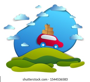 Car travel and tourism, red minivan with luggage riding off road in green meadows among trees, clouds in the sky, paper cut vector illustration of auto in scenic nature landscape.  
