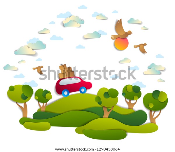 Car travel and tourism, red minivan with\
luggage riding off road in green meadows among trees, birds and\
clouds in the sky, paper cut vector illustration of auto in scenic\
nature landscape.