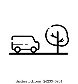 Viaje en coche, coche y árbol – icono de Vector