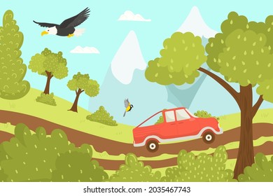 Car travel at vacation, rest in road, vector illustration. Holiday trip, tourism journey at summer landscape, nature. Cartoon vehicle transport