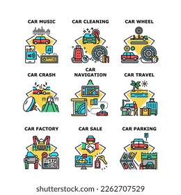 Car Travel Vacation Set Icons Vector Illustrations. Car Factory Wheel And Music Electronic Device, Cleaning Service And Parking Garage, Automobile Sale And Crash Insurance. Color Illustrations