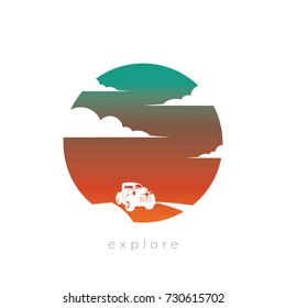 Car traveling freestyle independent traveler vector concept with old vintage pickup truck against sunset background. Symbol of freedom, wanderlust. Eps10 vector illustration.