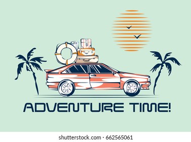 Car traveling illustration in retro 1980s style. Automobile trip concept. Vintage vehicle, palms and sun