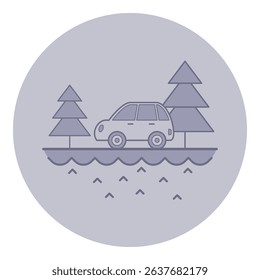 Car traveling on path adjacent to serene lake, framed by tall evergreen trees. Peaceful outdoor adventure concept