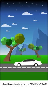 Car traveling on the road, against a background of trees, mountains and blue sky with clouds and stars