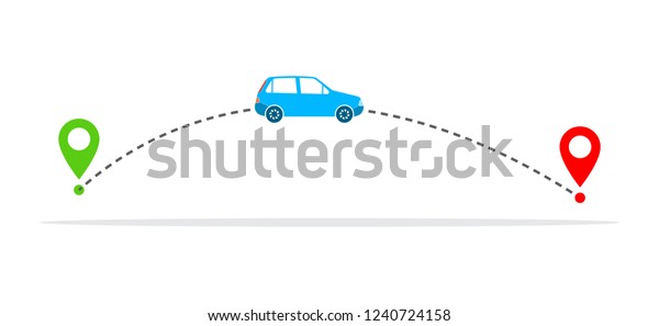 Car and its\
traveling route or track with green and red location marker. Vector\
illustration. Travel\
concept