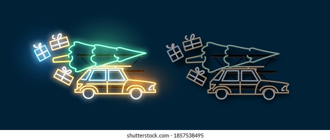 A car travelling home for christmas carrying a christmas tree and presents. Neon light sign with on and off versions. Vector illustration.