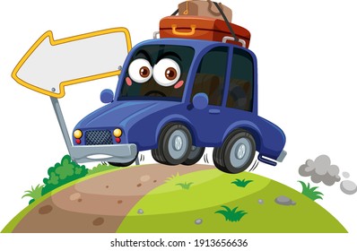 Car travelling on the road with face expression on white background illustration