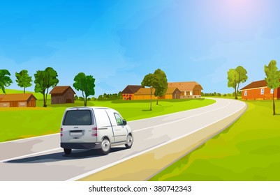 Car travels the countryside during summer season