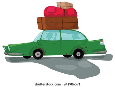 Car travels with a lot of luggage. Hand drawn cartoon illustration.