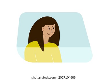 Concepto de viaje en coche. Ilustración vectorial de una mujer en perfil detrás del vaso de un auto.