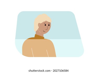 Concepto de viaje en coche. Ilustración vectorial de un hombre de perfil detrás del vaso de un auto.