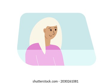 Konzept der Autofahrt. Vektorgrafik einer Frau im Profil hinter dem Glas eines Autos.