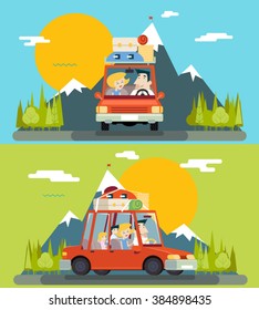 Car Trip Family Adult Children Road Concept Flat Icon Mountain Forest Background Vector Illustration