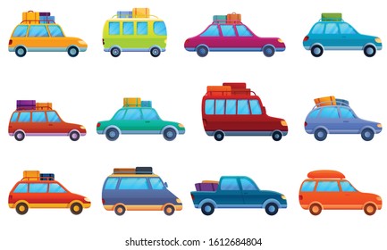 Car trip icons set. Cartoon set of car trip vector icons for web design