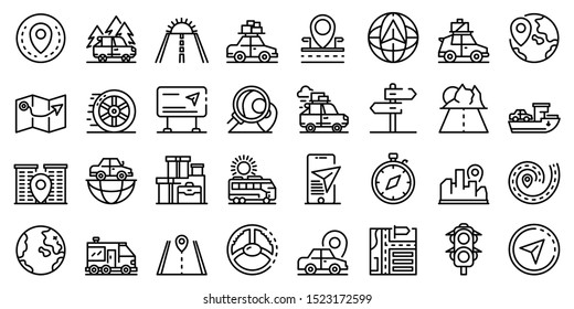 iconos de viaje de Camión establecidos. Conjunto de esquemas de iconos vectoriales de viaje de camión para el diseño web aislado en fondo blanco