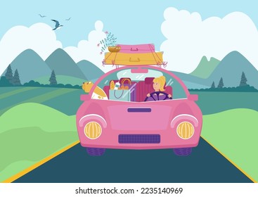 Car trip with pet, vector illustration, flat woman character travel at transport, happy journey with dog, girl drive auto at road.