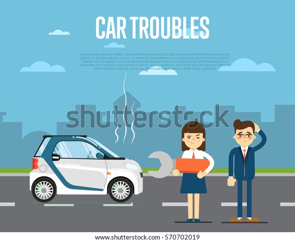 Car troubles concept with people couple standing\
near broken car on road vector illustration. Concept for automobile\
repair service. Road accident. Car repair. Urban cityscape\
background. Flat design
