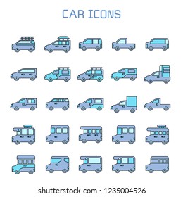 car, truck, camper car icons set, blue theme
