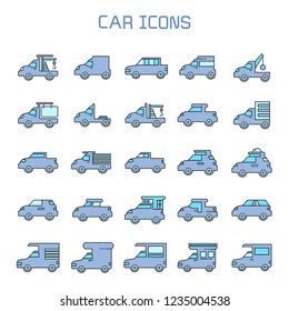 car, truck, camper car icons set, blue theme