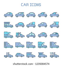 car, truck, camper car icons set, blue theme