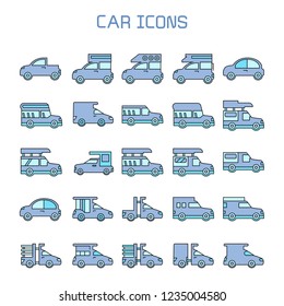 car, truck, camper car icons set, blue theme