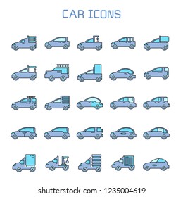 car, truck, camper car icons set, blue theme