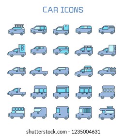 car, truck, camper car icons set, blue theme