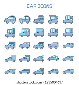 car, truck, camper car icons set, blue theme