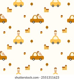 Car and truck cartoon so cute. On ice cream tree house background. Pattern seamless vector illustration. 