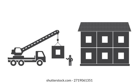 caminhão de carro com máquina de guindaste e bloco de elevação de gancho da casa de construção e ícone da pessoa do trabalhador