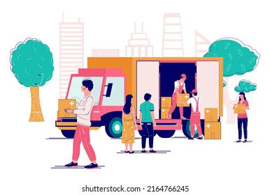 Car truck with humanitarian aid and charity vector. Poor refugee getting medicine and food box illustration. Volunteering team giving people parcel from lorry. Donation and support service