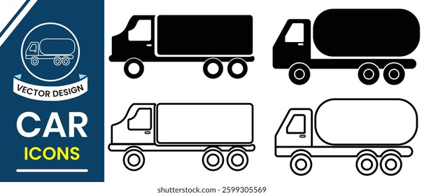 Car, truck icons, vector set. Oil Car, lorry icon set. Various vehicle icon set. Sets of car icon and logo.  Set of Different Transport icons outline stroke on white background. Vector Illustration.