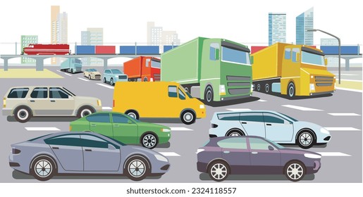 Car and truck on the road junction in traffic jam illustration