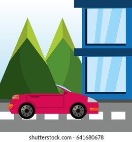 car and truck over rood with mountain landscape